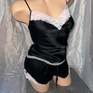 Victoria secret 2 piece satin silk set pajama black pink lace bows sexy lingerie